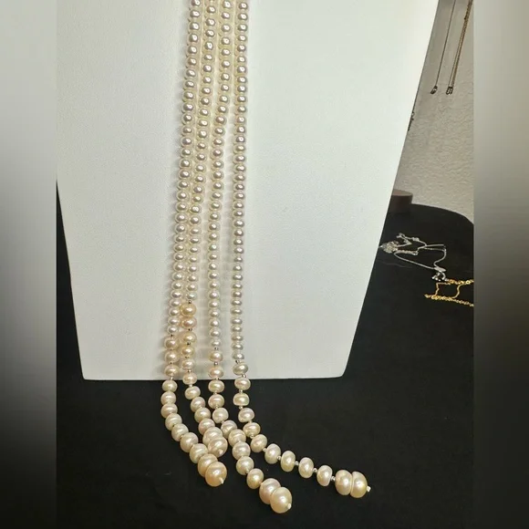 Multi-strand white cultured pearl lariat necklace with silver spacer beads, - Picture 6 of 7